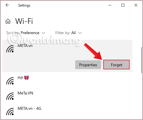 Click chọn Forget để xóa mạng WiFi đã từng kết nối