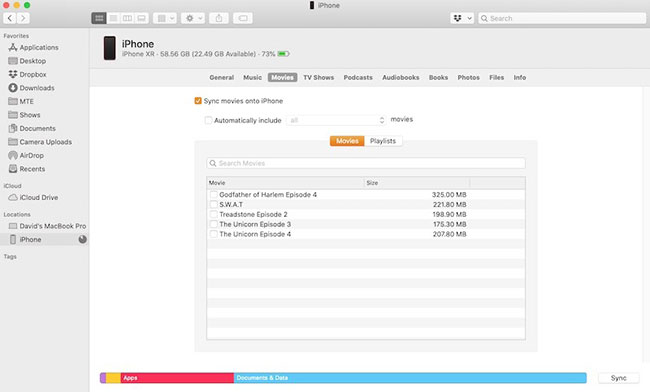 Tiếp theo, đánh dấu vào ô có nhãn “Sync movies onto (tên thiết bị)”