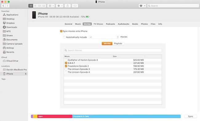 Danh sách các phim và nội dung video có sẵn để đồng bộ