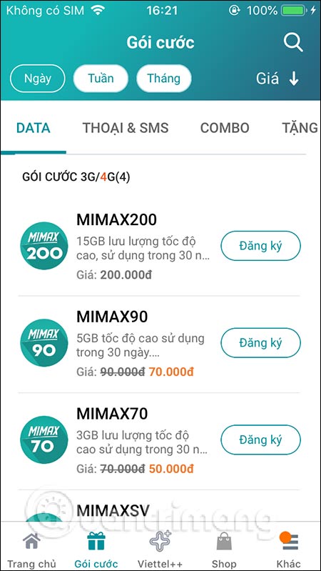 Gói cước theo tháng, tuần