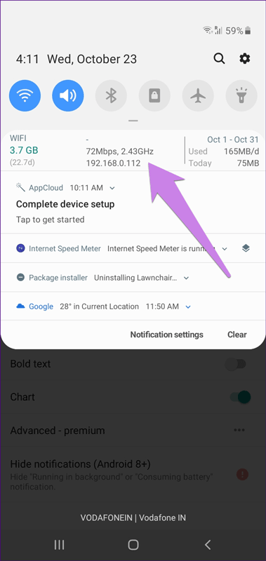 Tốc độ Internet hiện tại trên khung thông báo