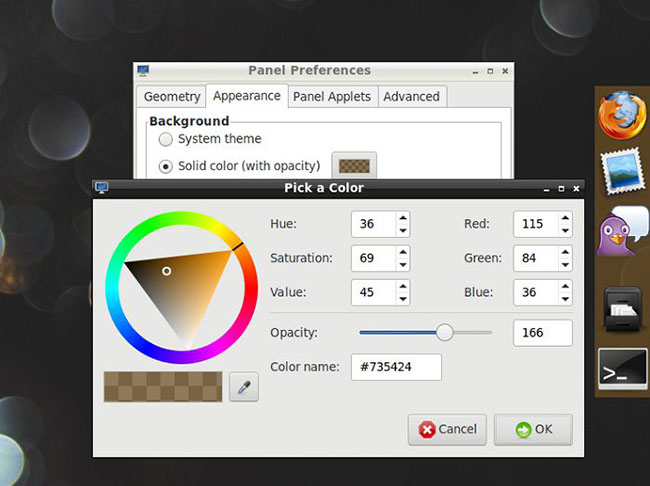 Trong cửa sổ mới pop-up, bạn có thể chọn cả màu nền của bảng điều khiển cũng như độ trong suốt cho nó