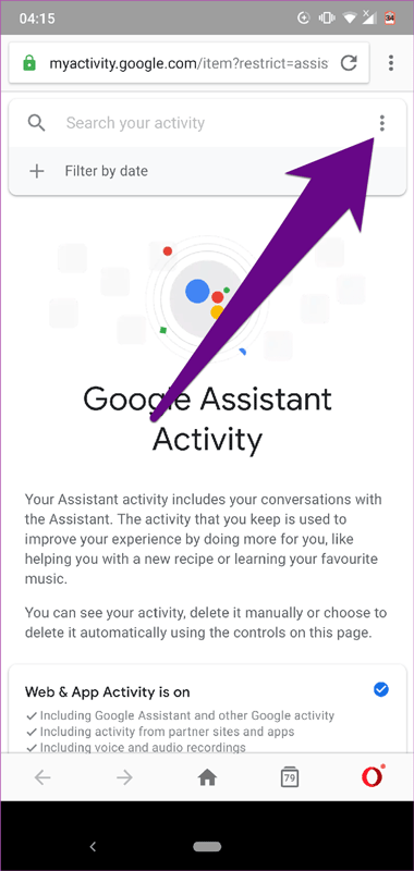 Chạm vào icon ba chấm trên trang Google Assistant Activity