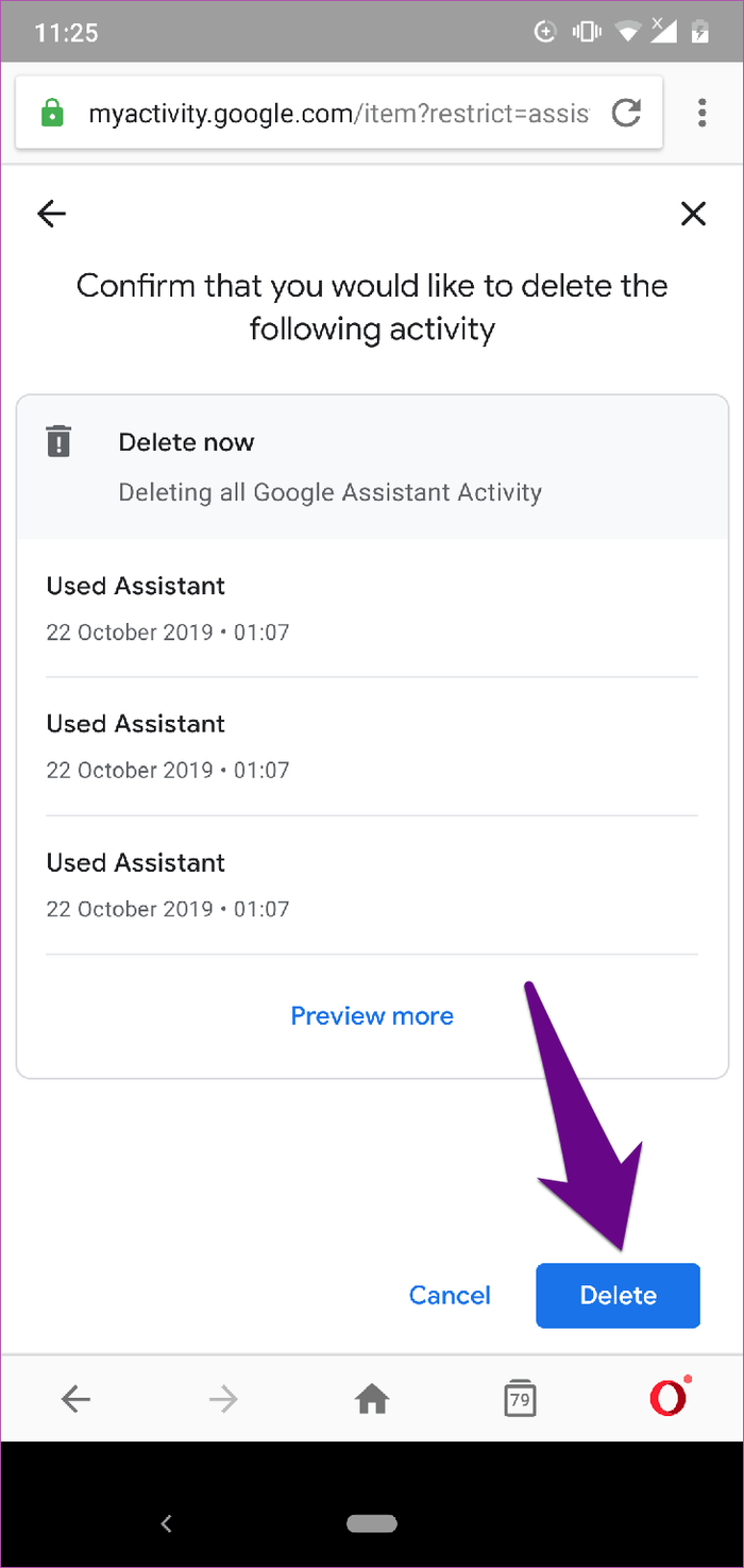 Chọn Delete để xóa ngay lịch sử Assistant