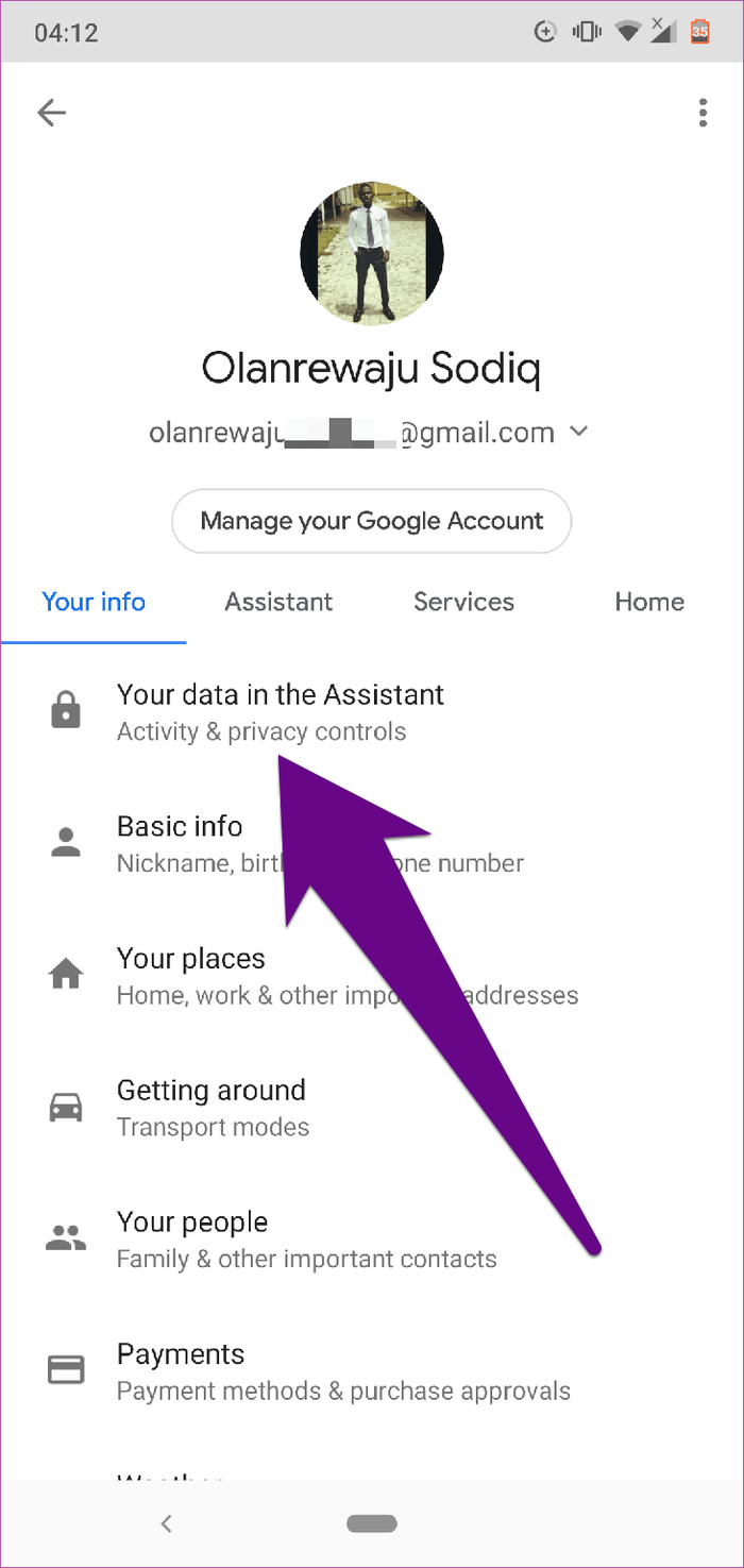 Chạm vào tùy chọn Your data in the Assistant