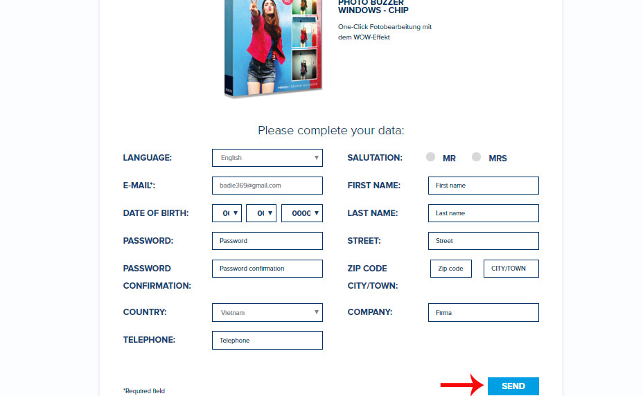 Bỏ qua phần nhập thông tin, nhấn nút SEND