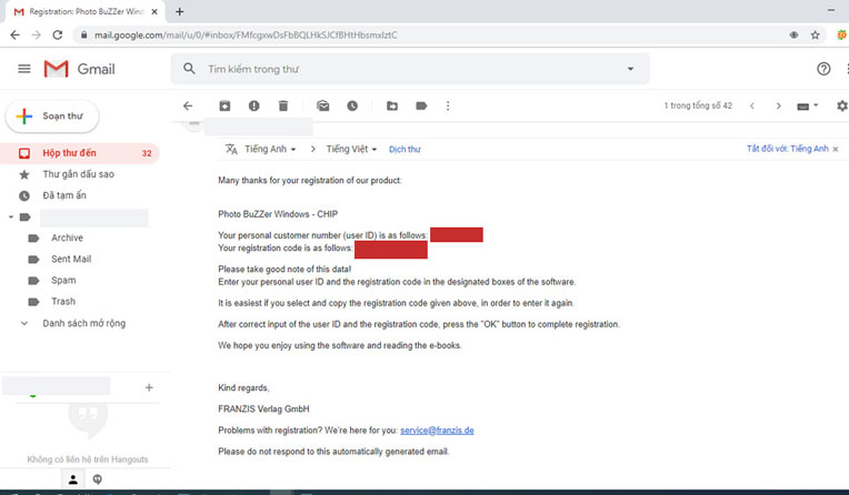 Check email để nhận ID và code kích hoạt