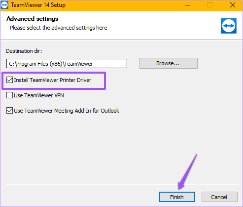 Tích vào hộp Install TeamViewer Printer Driver
