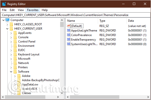 Điều hướng theo đường dẫn HKEY_CURRENT_USER\Software\Microsoft\Windows\CurrentVersion\Themes\Personalize