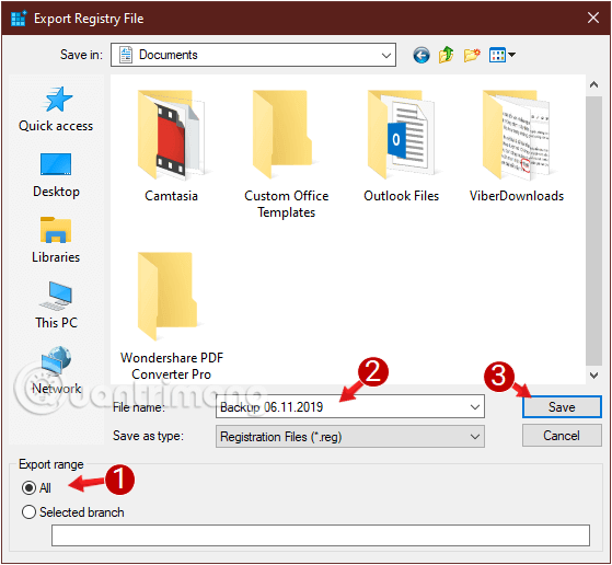 Save dữ liệu backup của Registry