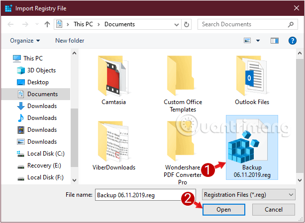 Chọn vị trí đã lưu bản backup Registry và click Open để mở