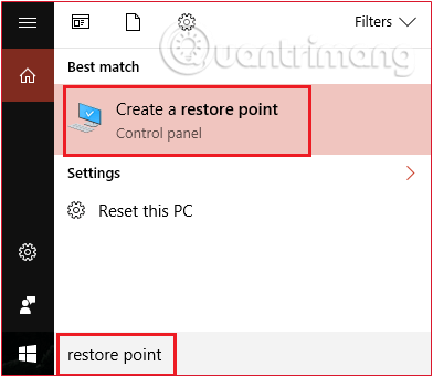 Mở Create a Restore Point trong Windows 10