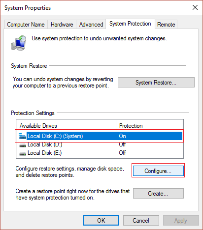 Chọn ổ đĩa cài đặt Windows và click vào Configure