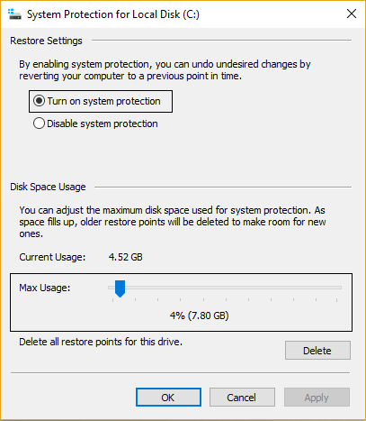Cài đặt System Protection for Local Disk (C:)