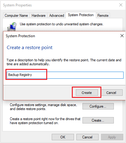 Điền tên cho Restore Point cần tạo vào click vào Create