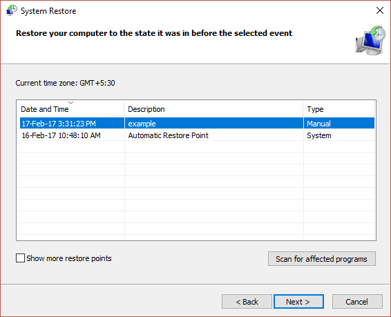 Chọn restore point vừa tạo để khôi phục Registry
