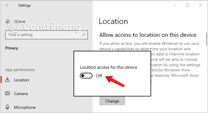 Chuyển Allow apps to access your location sang trạng thái OFF để tắt tính năng theo dõi vị trí
