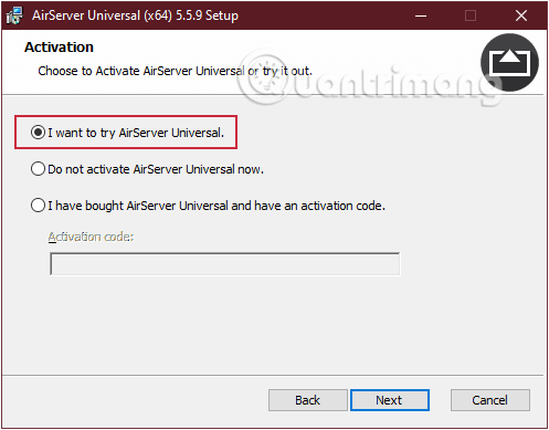 Nhấn chọn I want to try Airserver Universal, sau đó Next