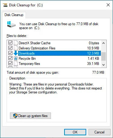 Downloads trong Disk Cleanup