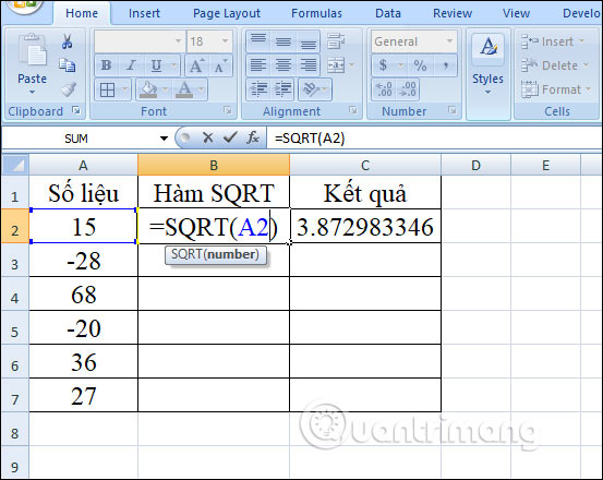 Hàm SQRT, cách dùng hàm căn bậc 2 trong Excel - Ảnh minh hoạ 3