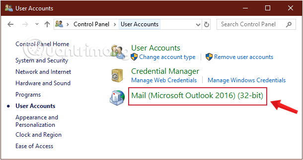 Chọn Mail (Microsoft Outlook...) trong User Accounts