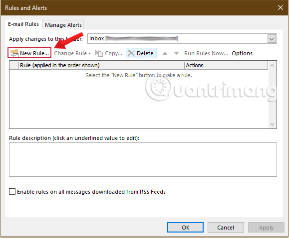 Chọn New Rule trên cửa sổ Rules and Alerts để tạo quy tắc mới trong Outlook