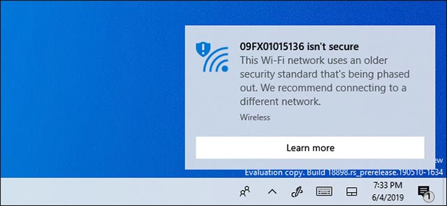 Windows 10 cảnh báo về mạng WiFi không an toàn