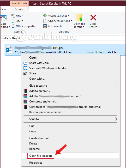 Danh sách kết quả tìm kiếm file *.pts lưu trữ dữ liệu Outlook