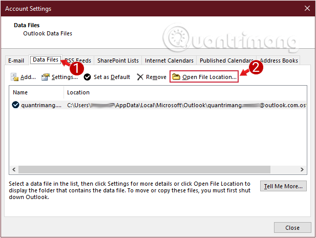 Thẻ Data Files hiển thị vị trí file pts lưu trữ dữ liệu Outlook