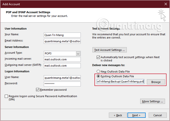 Khôi phục dữ liệu đã sao lưu trên Outlook
