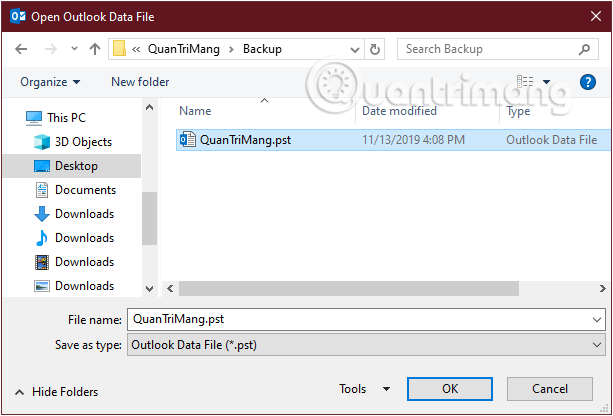 Điều hướng đến vị trí lưu file backup dữ liệu Outlook