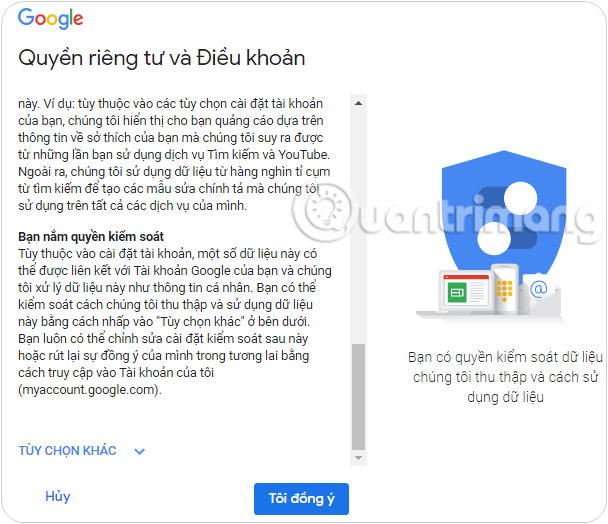 Thông báo tạo Gmail thành công