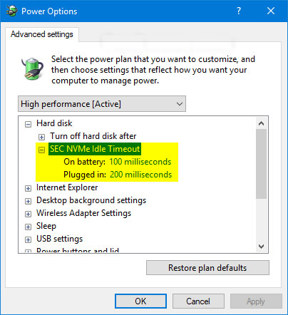 Cách thêm hoặc xóa "SEC NVMe Idle Timeout" khỏi Power Options trong Windows 10