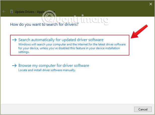 Yêu cầu Windows tìm driver bằng cách click chọn Search automatically for updated driver software