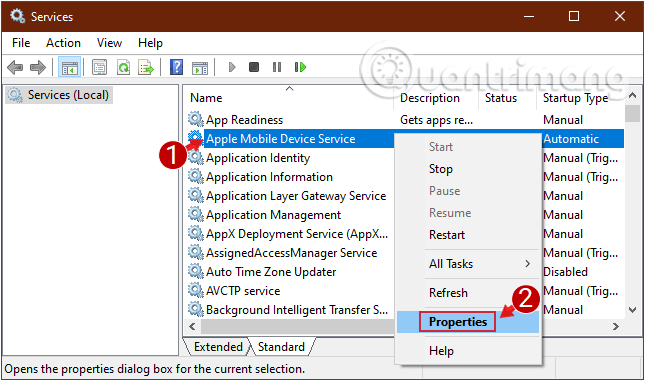 Tìm tới Service Apple Mobile Device Service và chọn Properties