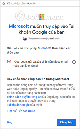 Cho phép Outlook.com truy cập vào Gmail