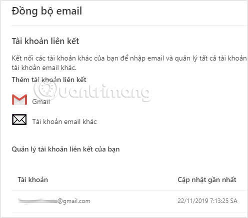 Tài khoản Gmail được liên kết thành công trên Outlook.com