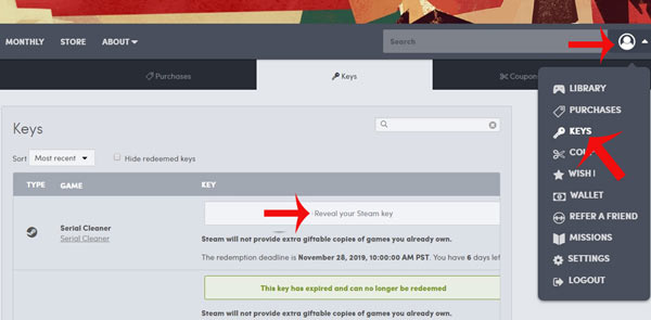 Nhấn Reveal your Steam key để nhận mã redeem Serial Cleaner