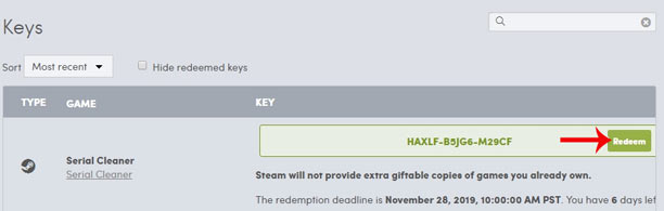 Nhấn Reveal your Steam key để nhận mã redeem Serial Cleaner