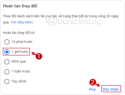 Lựa chọn thời điểm muốn khôi phục lại danh bạ