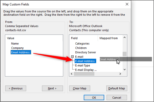 Khớp thủ công các trường ở tệp CSV và Danh bạ trên Outlook