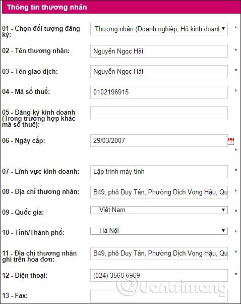 Thông tin Thương nhân 