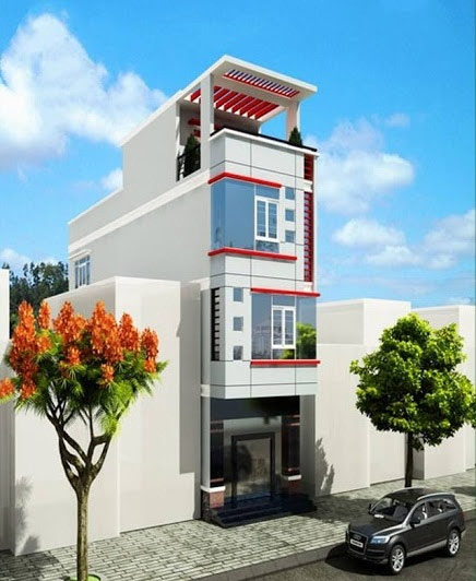 Ngôi nhà 4 tầng mặt phố này nổi bật với điểm nhấn là những đường chỉ đỏ