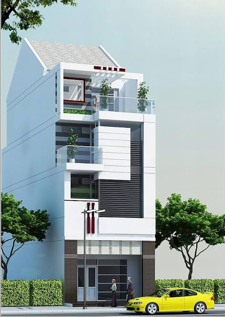 Mặt tiền của ngôi nhà này được thiết kế hiện đại, sang trọng với tông màu chủ đạo là trắng và xám kết hợp với những hình khối trang trí