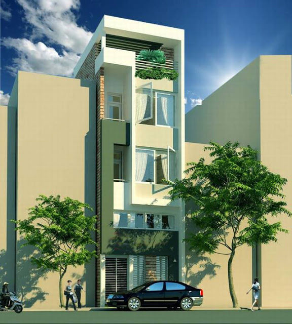 Mặt tiền của ngôi nhà phố này được thiết kế tinh tế với màu sắc nhã nhặn