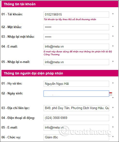 Thông tin tài khoản, đại diện pháp luật