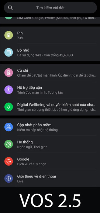 Giao diện Cài đặt trên VOS 2.5 2
