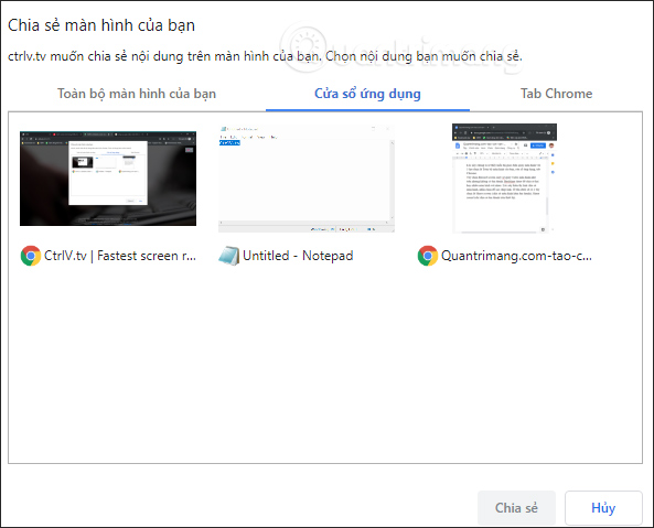 Chọn màn hình cần chia sẻ