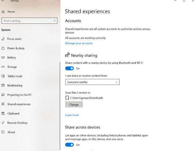 Vào Settings > System > Shared Experiences