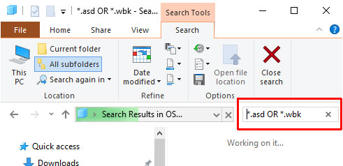 Tìm kiếm trên Windows các file .asd hoặc .wbk
